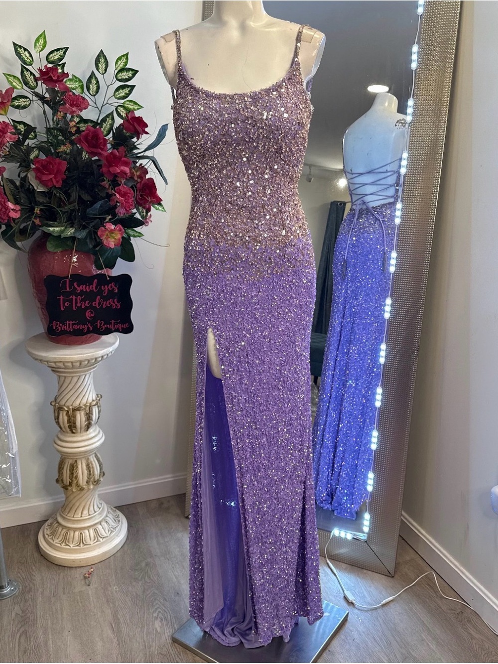 Rachel Allan Lavender Sequin Prom Dress with Slit